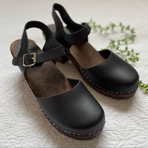 Lotta From Stockholm Black Clogs with Ankle Strap on a Brown Base, Sz 42